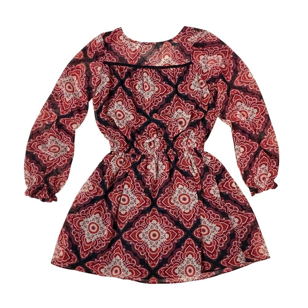 Ella Moss Girls Red Boho Print Tunic Dress Sz 12 Long Sleeves Fall Homecoming